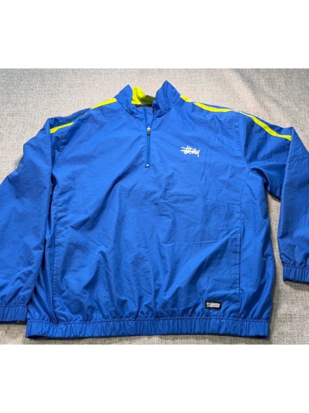 Stussy Authentic Gear Windbreaker Jacket Mens XL Blue Neon Yellow Quarter Zip